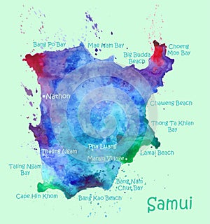 Watercolor map of Koh Samui with localities. Stylized image with spots and splashes of paint