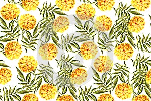Watercolor marigold with leaf. Floral seamless pattern on a white background. photo