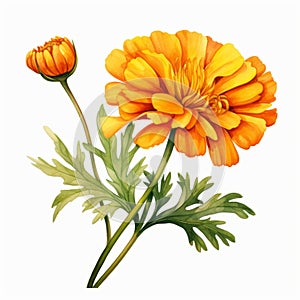 Watercolor Marigold: Realistic Illustration On White Background