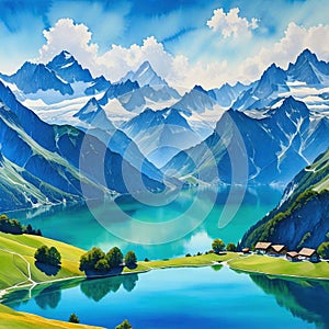 A watercolor masterpiece illustrates the Alps and a beautiful