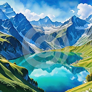 A watercolor masterpiece illustrates the Alps and a beautiful