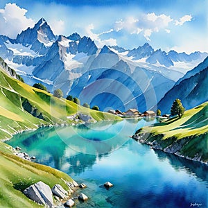 A watercolor masterpiece illustrates the Alps and a beautiful