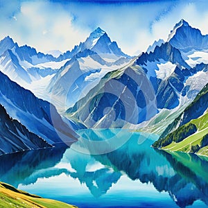 A watercolor masterpiece illustrates the Alps and a beautiful