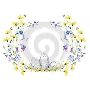 Watercolor Meadow Flower Wreath with Chick Eggs. Floral Border with summer flowers