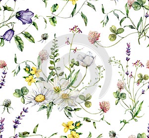 Watercolor meadow flowers seamless pattern of campanula, lavender, capsella and lavandula. Hand painted floral