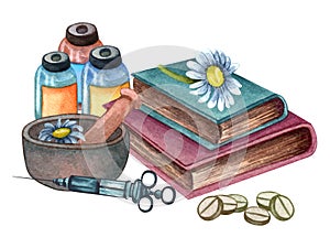 Watercolor medical composition of chamomile in a clay bowl, books, pills, medicine, injection. Vintage hand drawn illustration