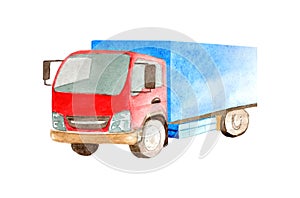 Watercolor medium truck with blue body and red cabin on a white background isolated