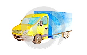 Watercolor medium truck with blue body and yellow cabin on a white background isolated