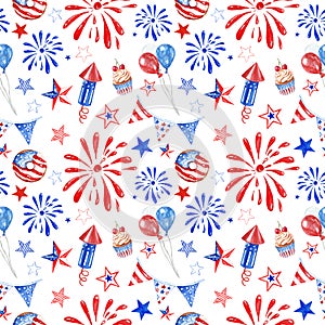 Festive 4th of July american seamless pattern with watercolor red, white and blue balloons, fireworks, stars on white background