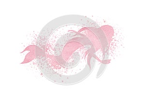 Watercolor mermaid silhouette with paint splatter and spray effect in pink pastel colors isolated on the white background.