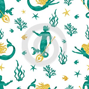 Watercolor merman and mermaid pattern