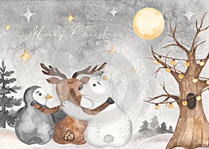 Watercolor Merry Christmas card with cute animals bear, deer, penguin at night in winter fairy forest