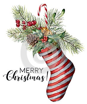 Watercolor Merry Christmas card with decor. Hand painted Christmas striped sock with fir branch, pine cone, holly