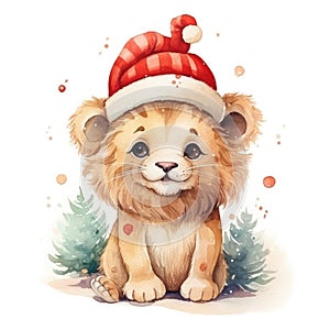 Watercolor merry christmas character lion illustration