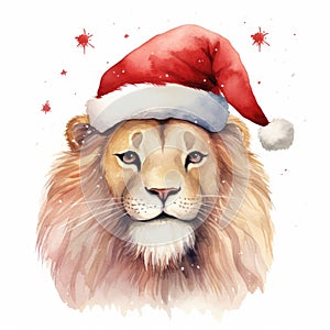 Watercolor merry christmas character lion illustration