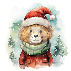 Watercolor merry christmas character lion illustration