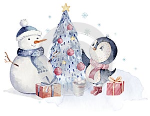 Watercolor merry christmas character penguin illustration. Winter cartoon isolated cute funny animal design card. Snow