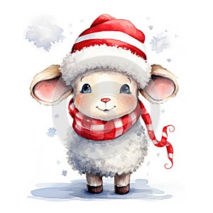 Watercolor merry christmas character sheep illustration