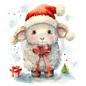 Watercolor merry christmas character sheep illustration