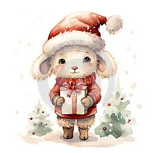 Watercolor merry christmas character sheep illustration