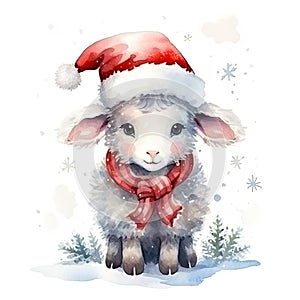 Watercolor merry christmas character sheep illustration