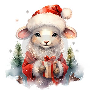 Watercolor merry christmas character sheep illustration