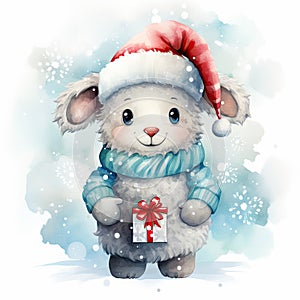 Watercolor merry christmas character sheep illustration