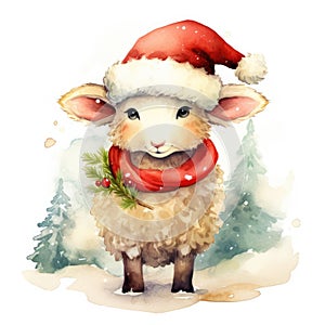 Watercolor merry christmas character sheep illustration