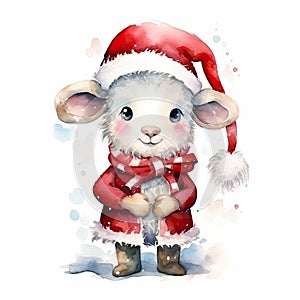 Watercolor merry christmas character sheep illustration