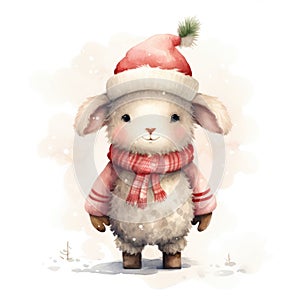 Watercolor merry christmas character sheep illustration