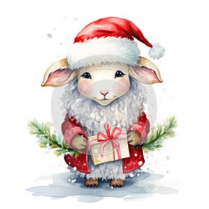 Watercolor merry christmas character sheep illustration