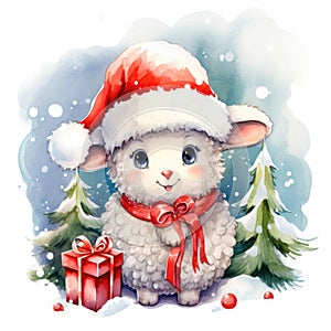 Watercolor merry christmas character sheep illustration