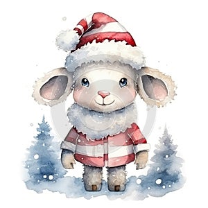 Watercolor merry christmas character sheep illustration