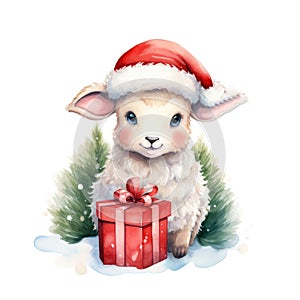 Watercolor merry christmas character sheep illustration