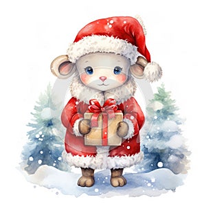 Watercolor merry christmas character sheep illustration