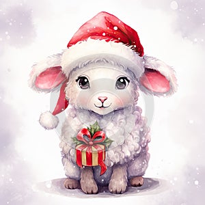 Watercolor merry christmas character sheep illustration