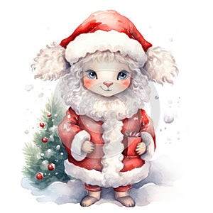 Watercolor merry christmas character sheep illustration