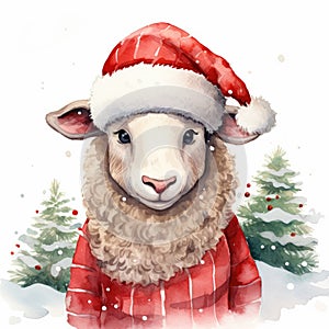 Watercolor merry christmas character sheep illustration