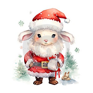 Watercolor merry christmas character sheep illustration