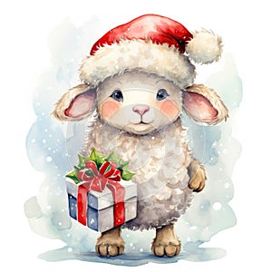 Watercolor merry christmas character sheep illustration