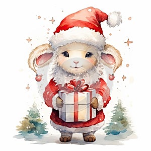 Watercolor merry christmas character sheep illustration