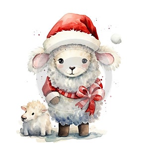 Watercolor merry christmas character sheep illustration