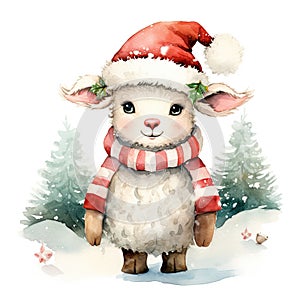 Watercolor merry christmas character sheep illustration