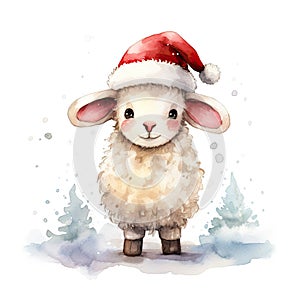 Watercolor merry christmas character sheep illustration