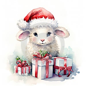 Watercolor merry christmas character sheep illustration