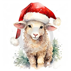 Watercolor merry christmas character sheep illustration