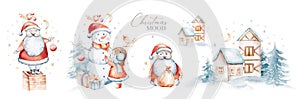 Watercolor Merry Christmas illustration with snowman, christmas tree, santa holiday invitation. Christmas gift celebration cards.