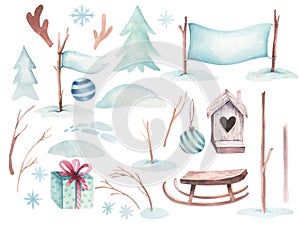 Watercolor Merry Christmas illustration with snowman, holiday cute animals deer, rabbit. Christmas celebration cards