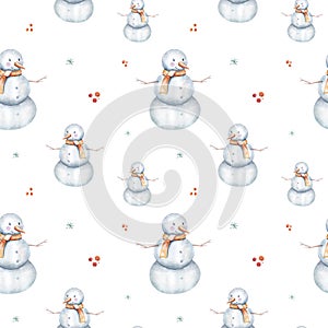 Watercolor Merry Christmas seamless pattern snowman, christmas tree, santa holiday invitation. Christmas gift photo