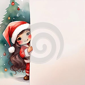 Watercolor Merry Christmas postcard featuring an adorable little girl in a red suit and Santa hat holding a sign for text. photo